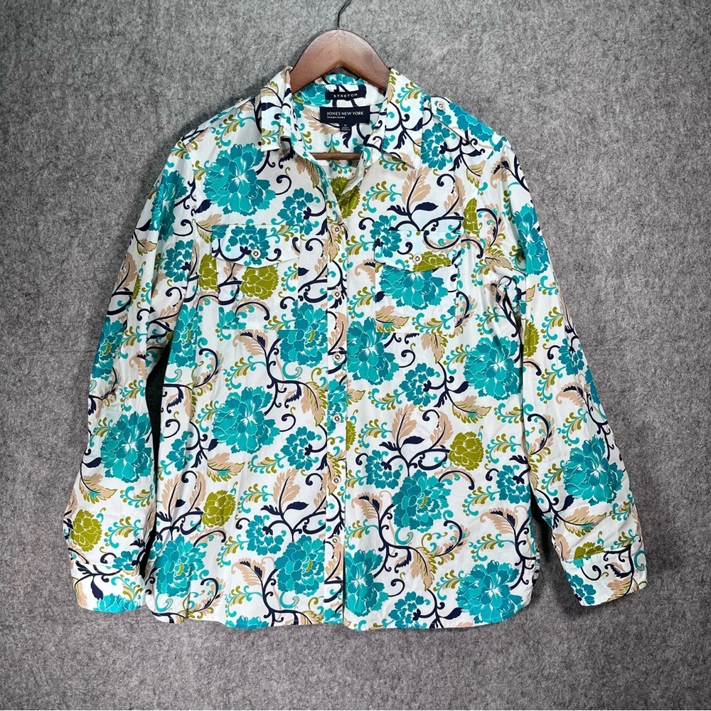 Jones New York Blue Floral Signature Stretch Button Up Long Sleeve Womens Medium